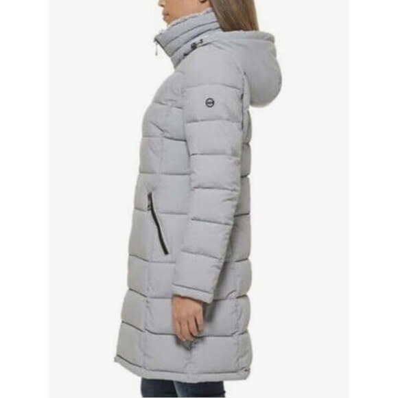 Andrew Marc Stretch Light Gray Hooded Puffer Parka Coat Faux Fur Collar Womens M